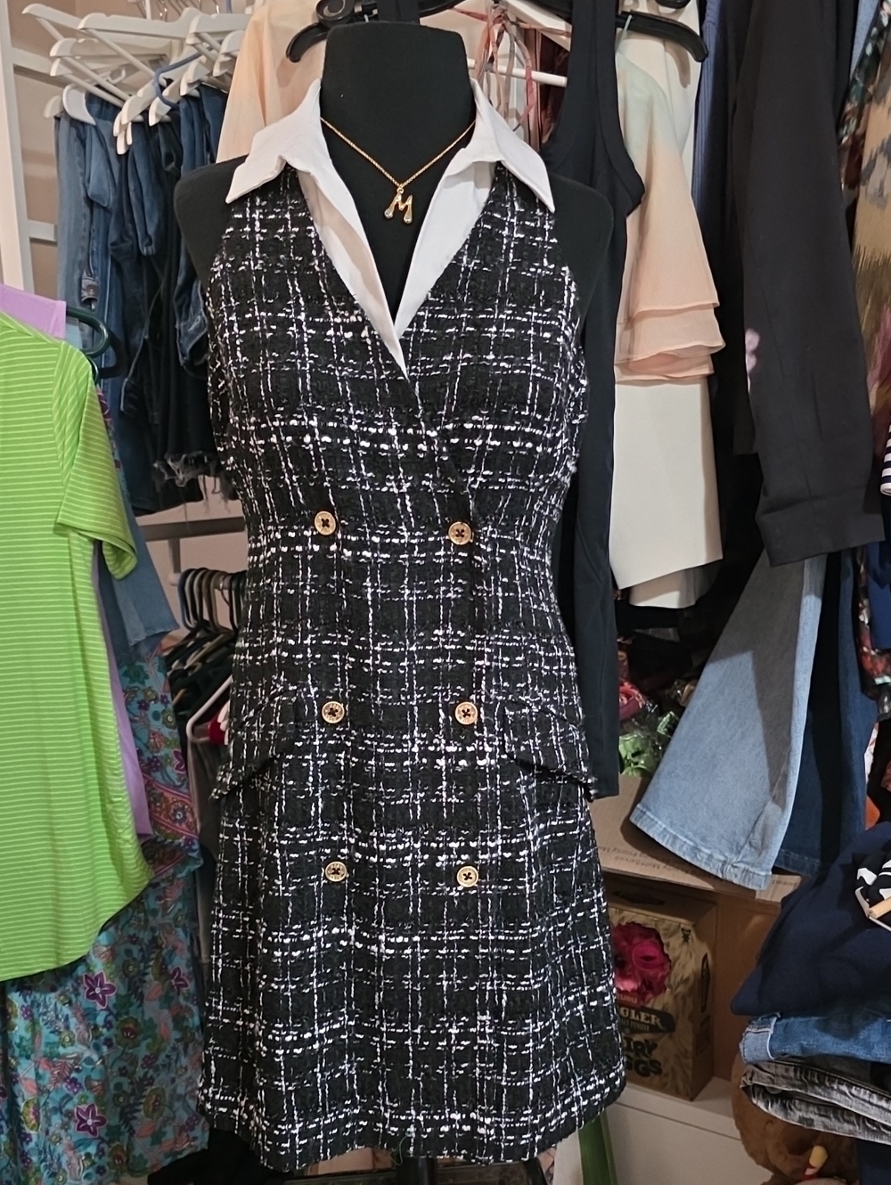 BCBG Black and White Tweed Halter Dress with Gold Buttons